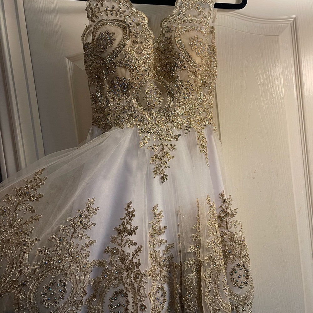 Precious Formals Gold and White Wedding Dress